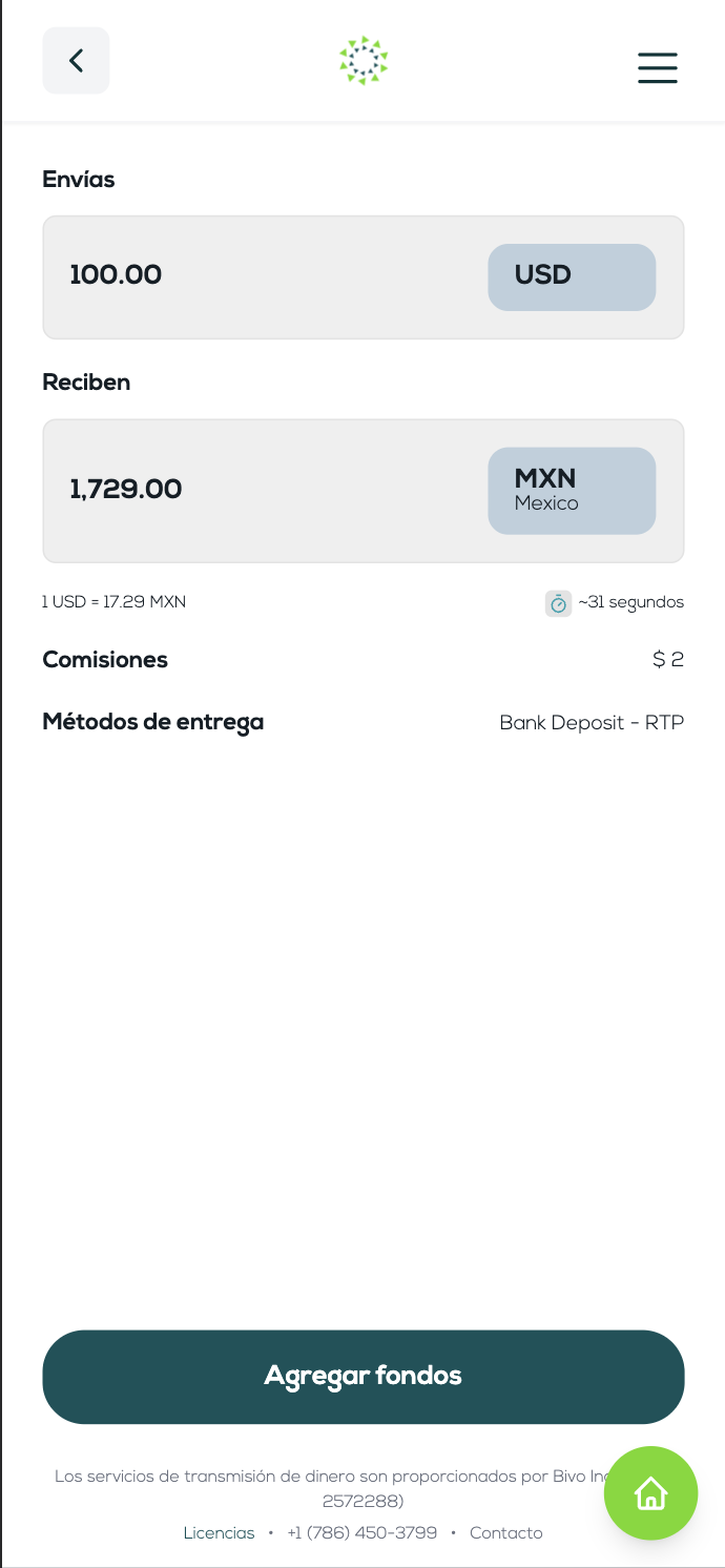 Pantalla de cotización de remesa Kabal Send
